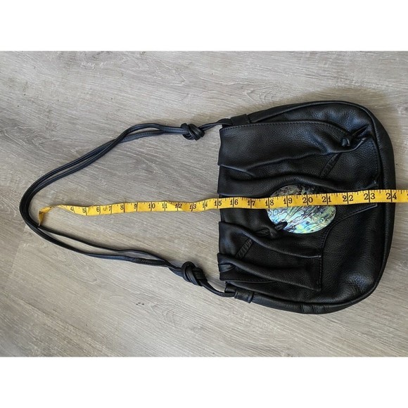 Vintage 80s Artisan Handmade Black Leather Purse With Mother Of Pearl Accent - Picture 13 of 14